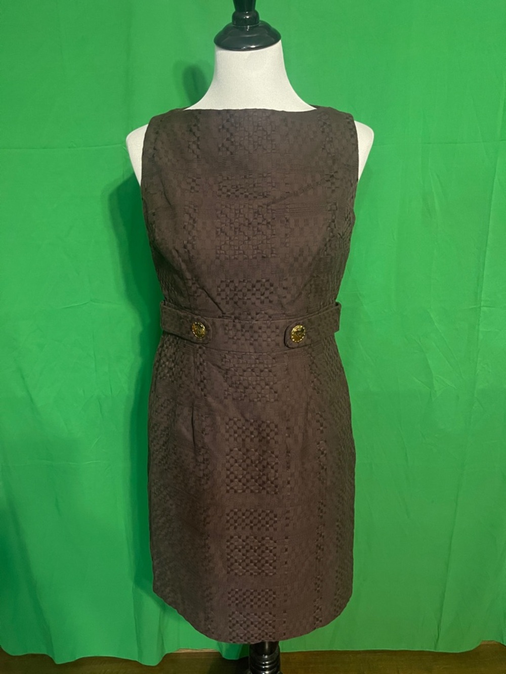 Milly Classic Sleeveless Brown Sheath Dress with Decorative Waist, size 8